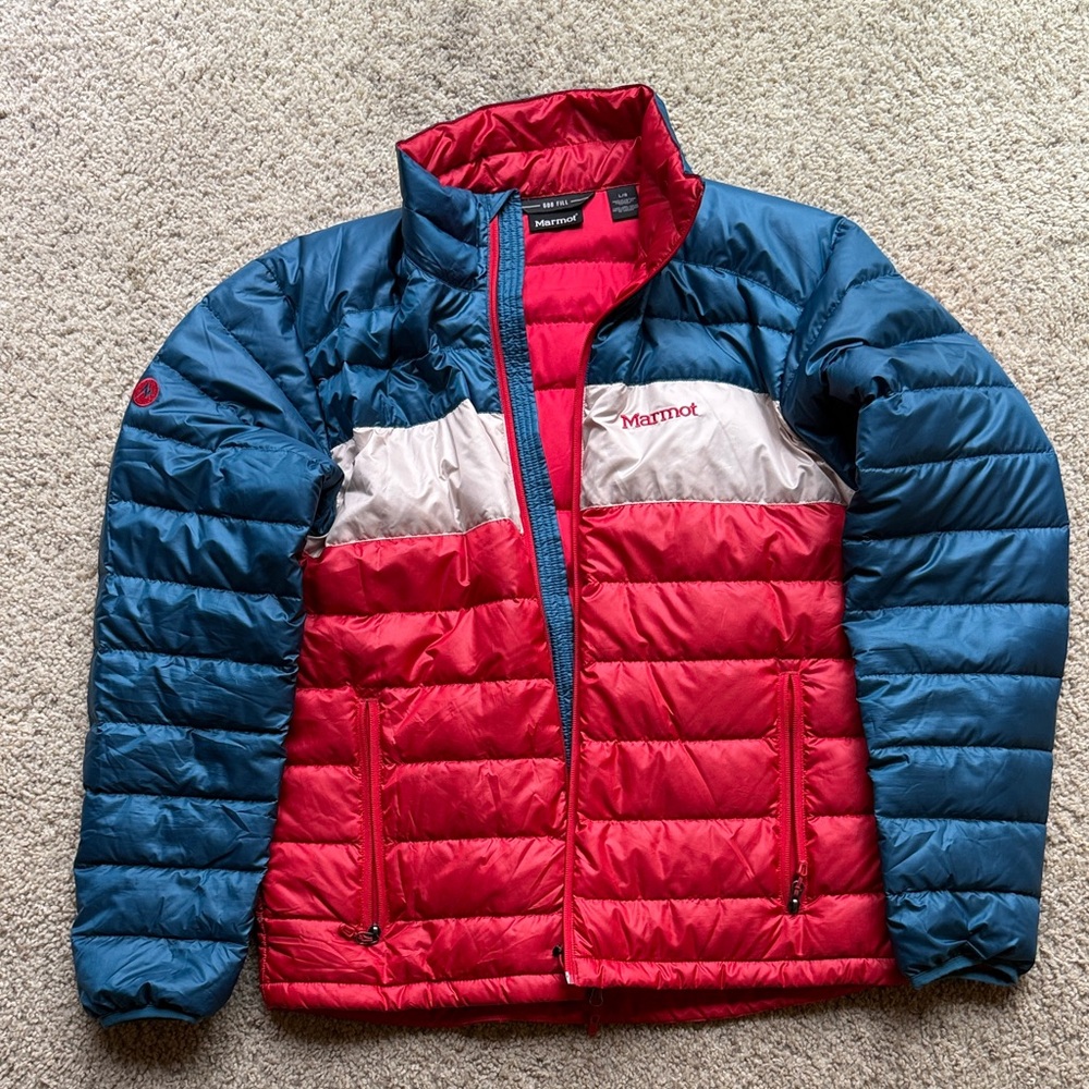 Marmot men’s Vibrant Red and Blue Puffer Coat